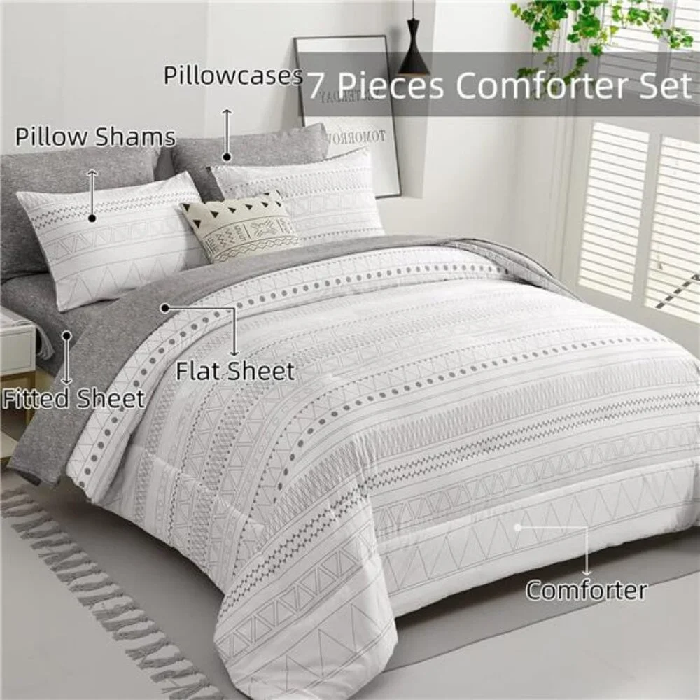 Boho Comforter Set King Size,7 Pieces Grey White Geometric Bohemian Bed in a Bag